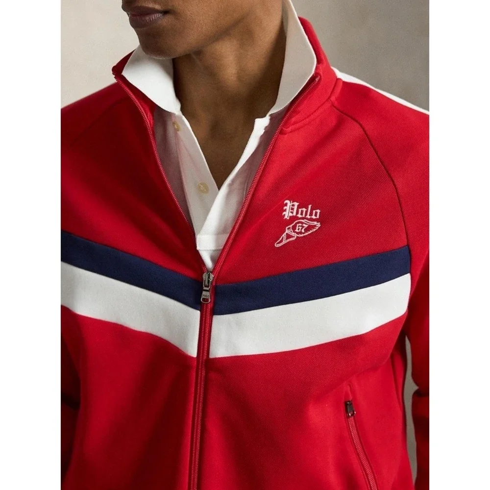 NWT Polo Ralph Lauren Mens L Double Knit Track Jacket Red Winged Foot Logo Zip